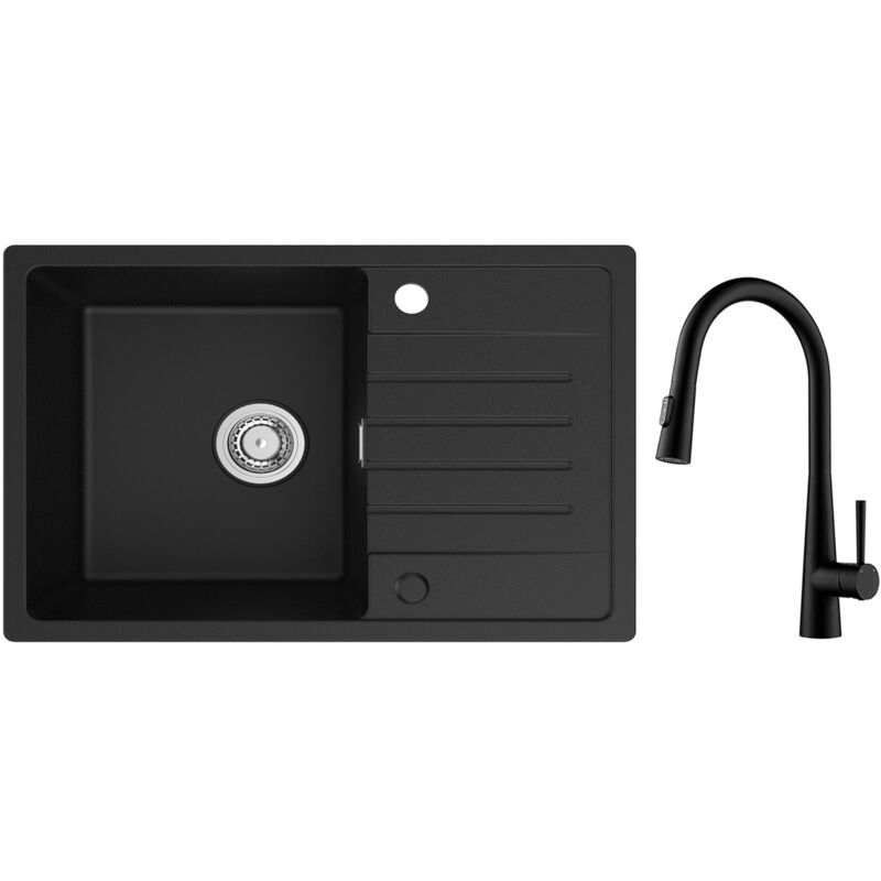 Cecipa - Evier 1 Bac avec Egouttoir, Evier de Cuisine en Quartz et Résine 78x45cm Grande Capacité Evier Noir + Mitigeur de Cuisine avec Douchette