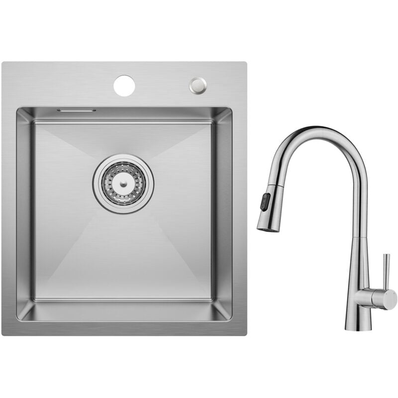 Évier 1 Bac Brossé Évier de Cuisine 40 × 45 cm Évier Inox 304 Montage à Encastrer + Mitigeur de Cuisine avec Douchette Extractible, Robinet de Evier