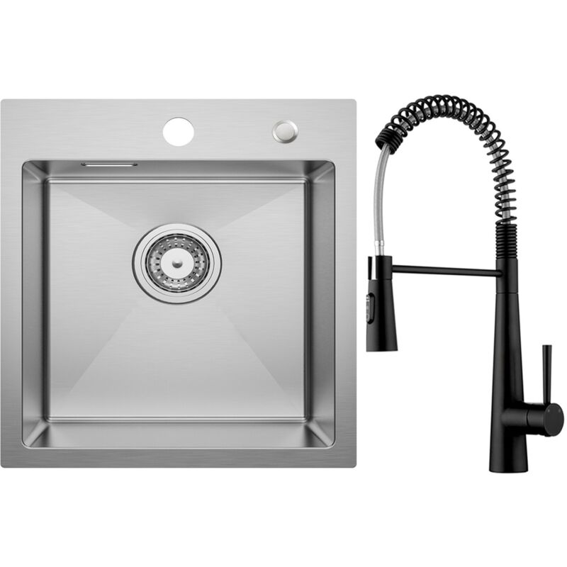 Évier 1 Bac Brossé Évier de Cuisine 40 × 45 cm Évier Inox + Noir Mitigeur Cuisine à Ressort avec 3 Modes de Sortie D'eau