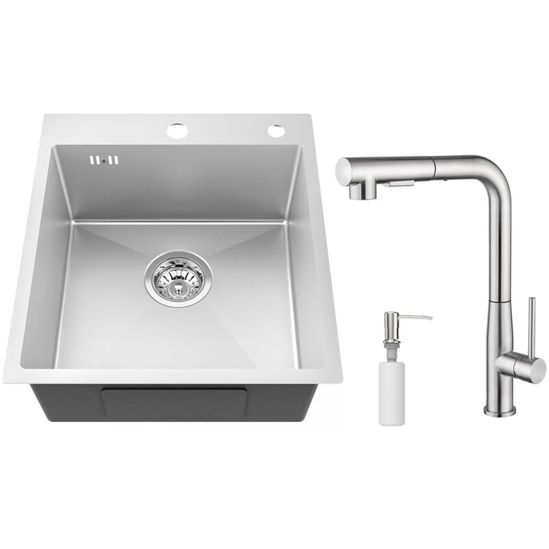 Auralum Max - vier 1 Bac en Inox 44x49x20CM Évier Cuisine Argent avec Mitigeur cuisine, Distributeur de savon et Système de Drainage