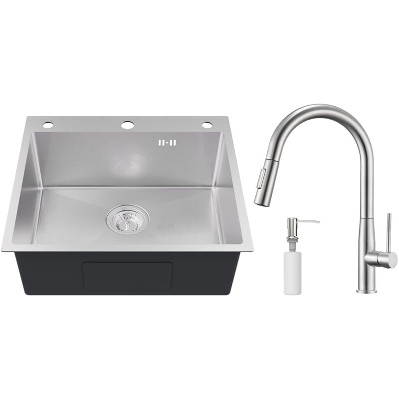 Auralum Max - vier 1 Bac en Inox 54x49x20CM Évier Cuisine Argent avec Robinet de Cuisine, Distributeur de savon et Système de Drainage