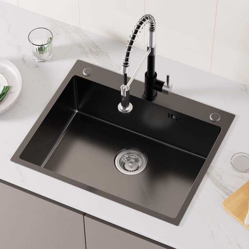 Auralum Max - vier 1 Bac en Inox Évier Cuisine 60x49x20CM avec Système de Drainage, Convient pour Table de 60 cm ou plus, Gris-noir