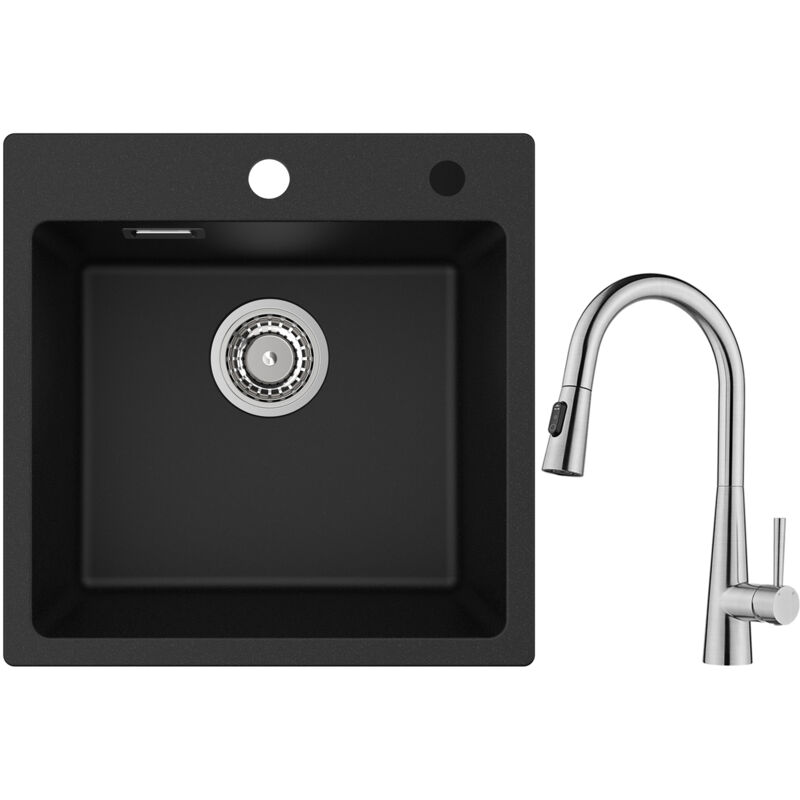 Cecipa Max - Evier 1 Bac en Quartz et Résine 45x45cm Evier de Cuisine Evier à Encastrer 1 cuve + Mitigeur de Cuisine avec Douchette Extractible,