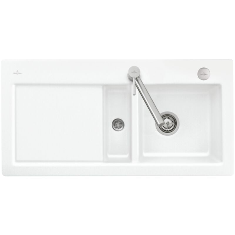 Evier 1 bac et demi avec egouttoir a gauche VILLEROY ET BOCH Subway Pure 60 100 x 51 cm Blanc vidage automatique inclus
