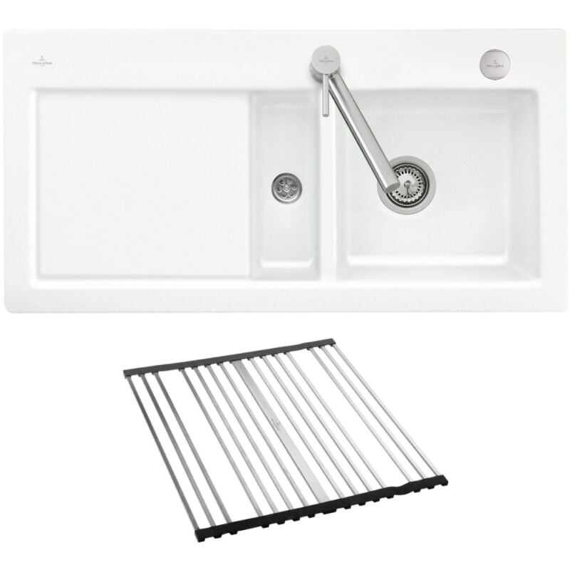 Villeroy&boch - Evier 1 bac et demi villeroy et boch Subway Pure 60 100 x 51 égouttoir à gauche céramique sans vidage blanc + Egouttoir déroulable