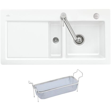 Evier 1 bac et demi VILLEROY ET BOCH Subway Pure 60 100 x 51 égouttoir à gauche céramique sans vidage blanc + Passoire