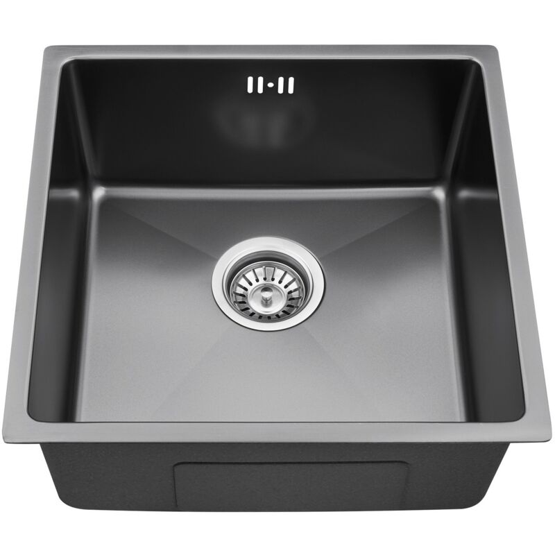 Évier 1 Bac Gris-noir 44x44x20CM Évier Cuisine en Acier Inox avec Ensemble de Drainage, Montage à Encastrer, à Fleur ou Sous-Plan