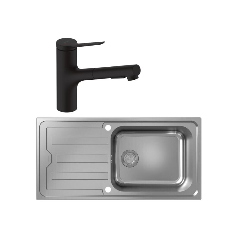 Hansgrohe - Evier 1 bac S44 inox + robinet de cuisine avec douchette Zesis M33 150 2 jets noir mat