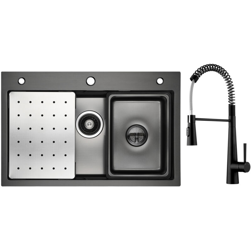 Cecipa Max - vier 1 Bac Noir 70×45cm avec Egouttoir, Vasque, Distributeur de Savon + Noir Mitigeur Cuisine à Ressort avec 3 Modes de Sortie D'eau