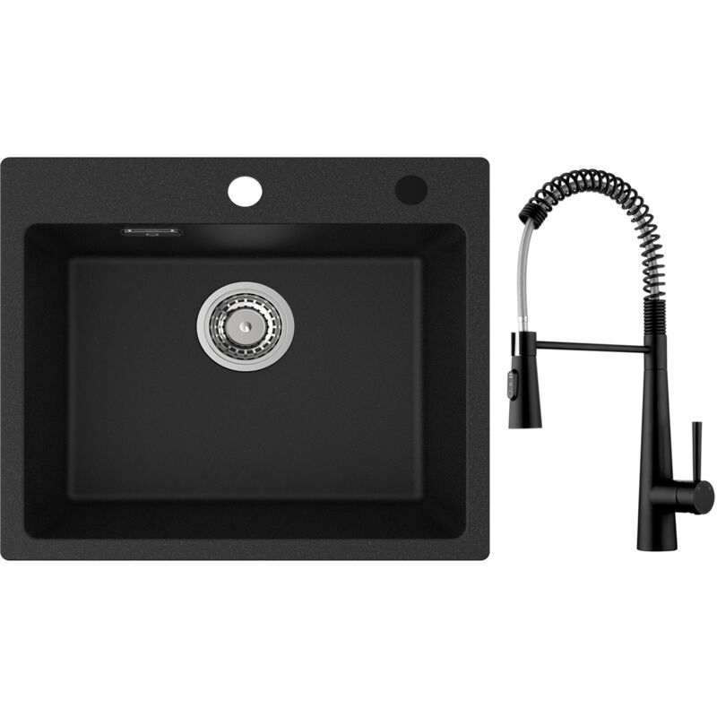 Cecipa Max - Evier 1 Bac Quartz Noir 50x45cm Evier en Quartz Evier de Cuisine en Granit + Noir Mitigeur Cuisine à Ressort avec 3 Modes de Sortie D'eau