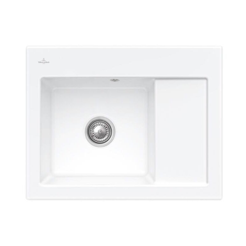Evier 1 bac VILLEROY ET BOCH Subway 45 Compact 65 x 51 cm egouttoir a droite Stone White CeramicPlus avec vidage manuel