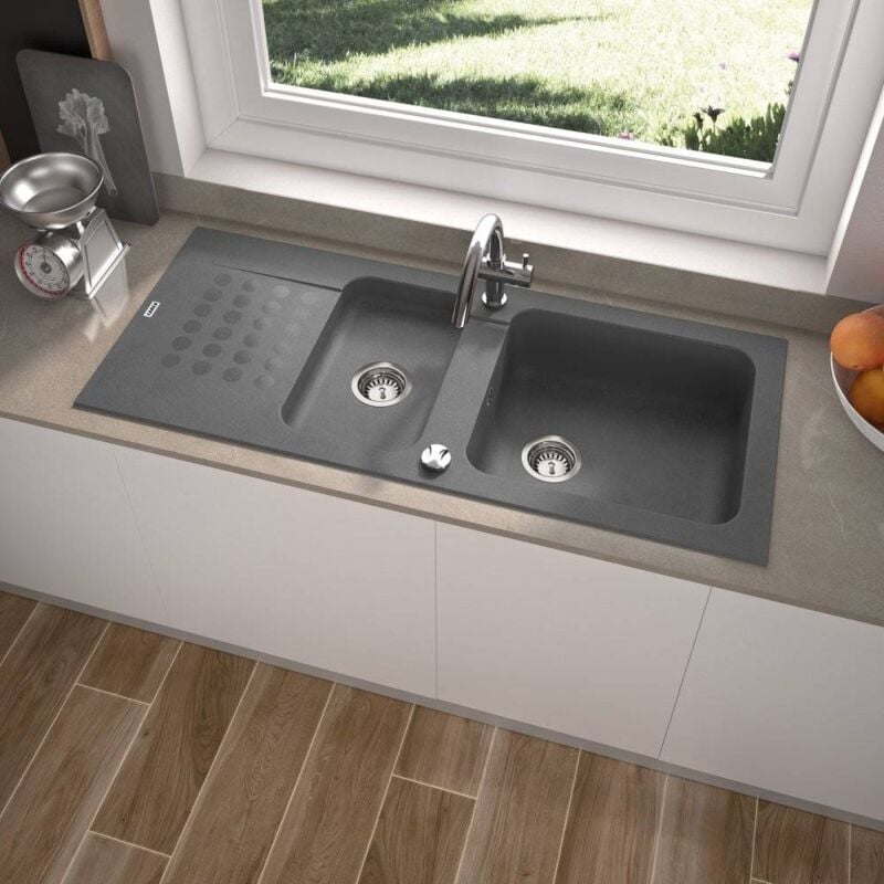 Carea - Évier à encastrer duo 2 bacs Gris