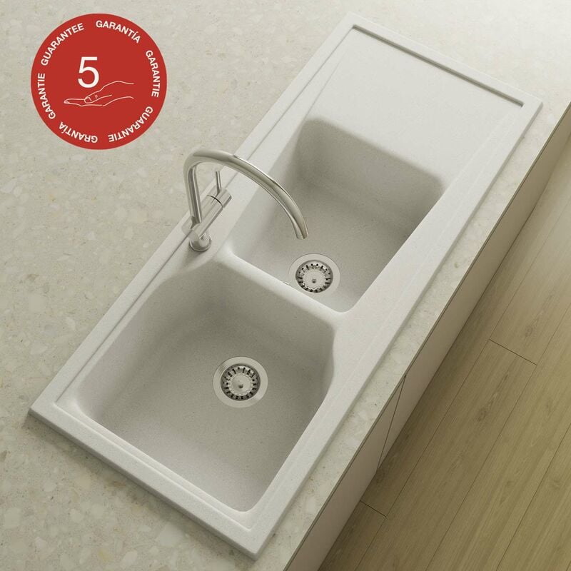Evier à encastrer Poalgi city 323 - Granit - Blanc Snow - 118 cm - 2 bacs