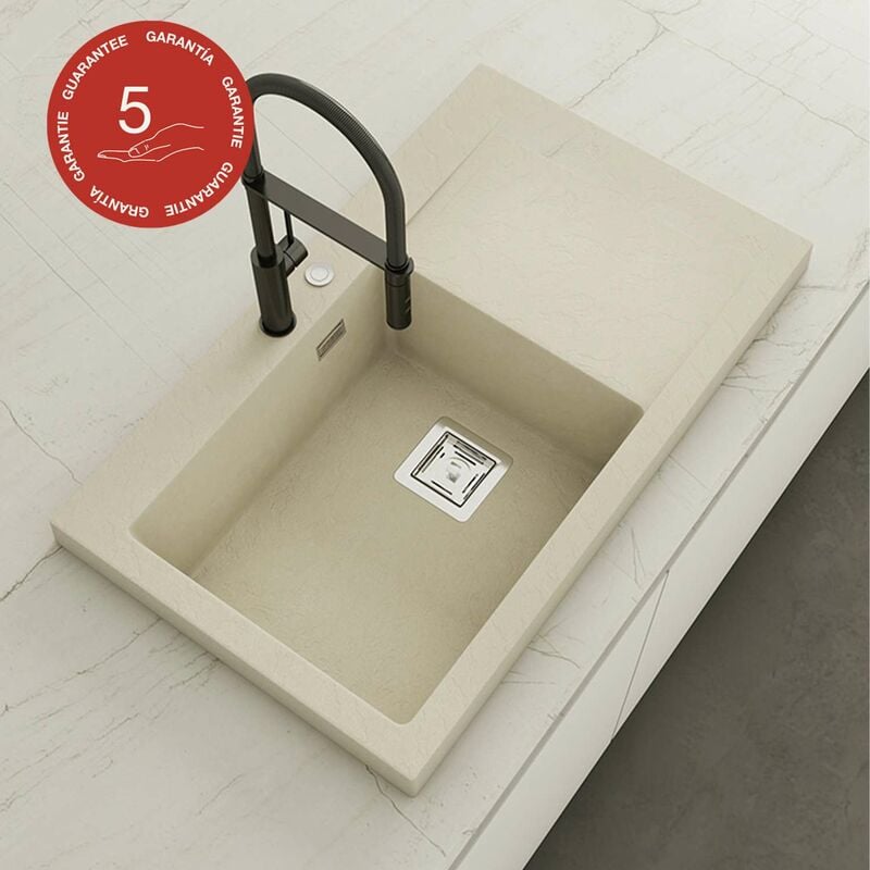 Poalgi - Evier à encastrer kobus 813, Granit, Beige Pumice, 86 cm, 1 bac 1 égouttoir gauche