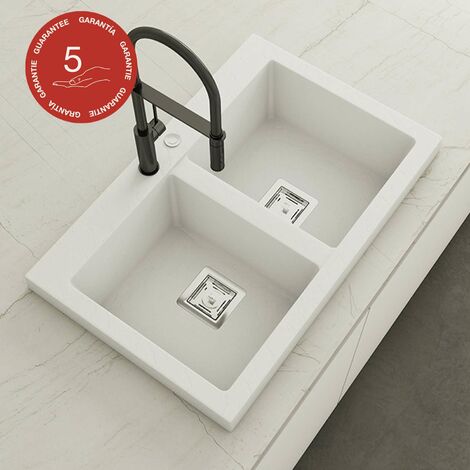 Evier à encastrer POALGI, KOBUS 816, Granit, Blanc Snow, 80 cm, 2 bacs
