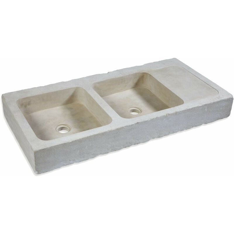 Evier à poser 2 bacs égouttoir droite - Pierre Naturelle Atlas - 120x60x15 cm - Beige