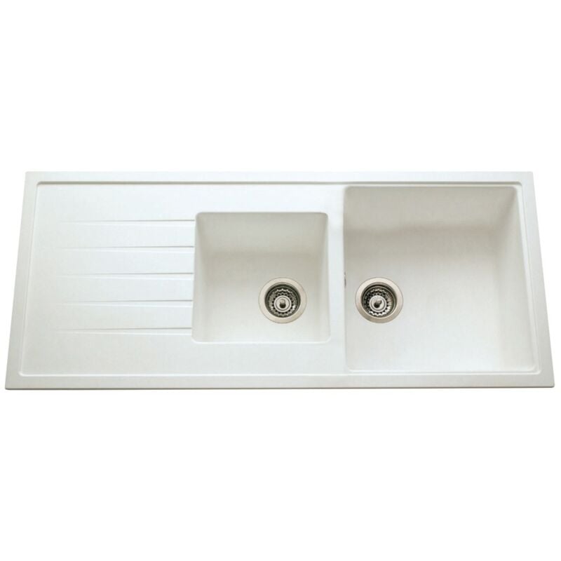 Evier ancoline blanc-granite blanc à encastrer, 2 cuves / 1 égouttoir, 1160x500mm