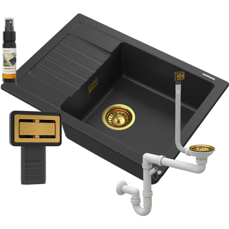 Évier Argos Granit Noir + Siphon Carré Or