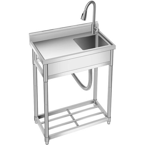 Évier autonome inox 76x41x102 cm – Robinet eau froide/chaud – Pour buanderie, cuisine extérieure, restaurant – Col de cygne 360°