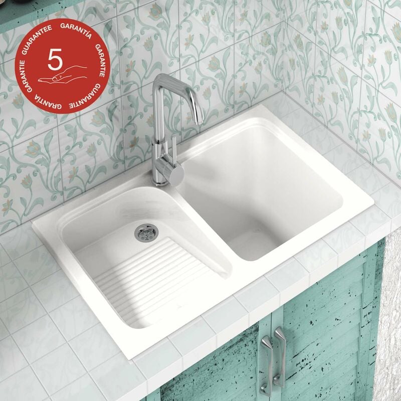 Poalgi - Evier Bac à laver pour buanderie à encastrer Cuarzo Blanc - 2 bacs