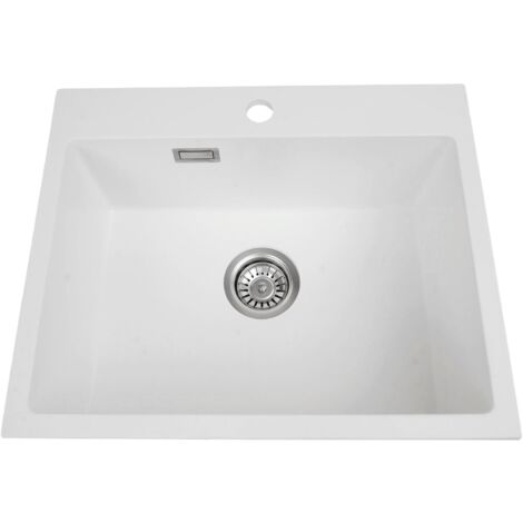Évier blanc, 55 x 45 cm, évier de cuisine en granit, 1 bac, évier encastré, évier de cuisine composé à 80 % de sable de quartz, avec siphon et trop-plein