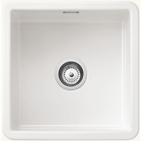 Évier céramique blanc 1 bac 46x46 cm – Grès fin – Installation sous-plan ou à encastrer – Design carré pour optimisation espace – Sanindusa