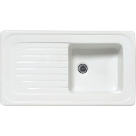 Évier céramique blanc 90x50 cm – 1 bac réversible avec égouttoir – Équipement inclus : bonde, siphon, tuyaux d'évacuation – EWI