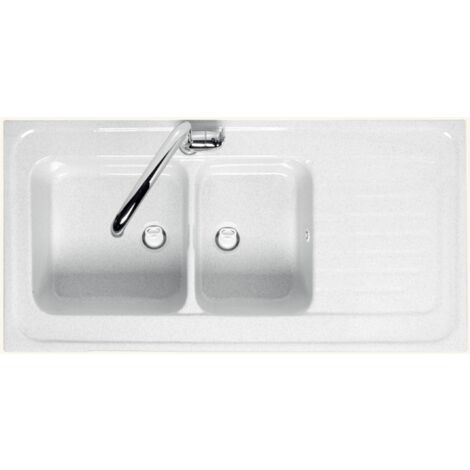 Évier céramique blanc à poser 120x60 cm – 2 bacs réversibles – Vidage manuel – Équipements inclus : bonde, siphon, tuyaux d'évacuation – EWI