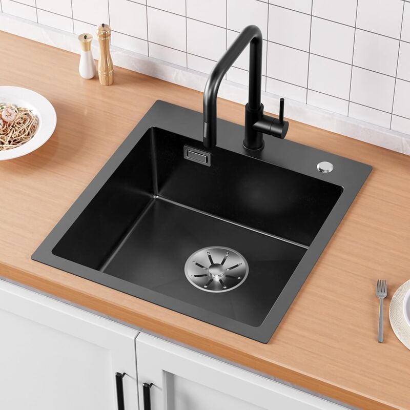 Cecipa - Evier Cuisine 1 Bac 45x48cm, Évier Noir Anthracite en Acier Inoxydable, Lavabo Cuisine pour Meubles Bas de 45 cm, Évier Cuisine avec Dernier