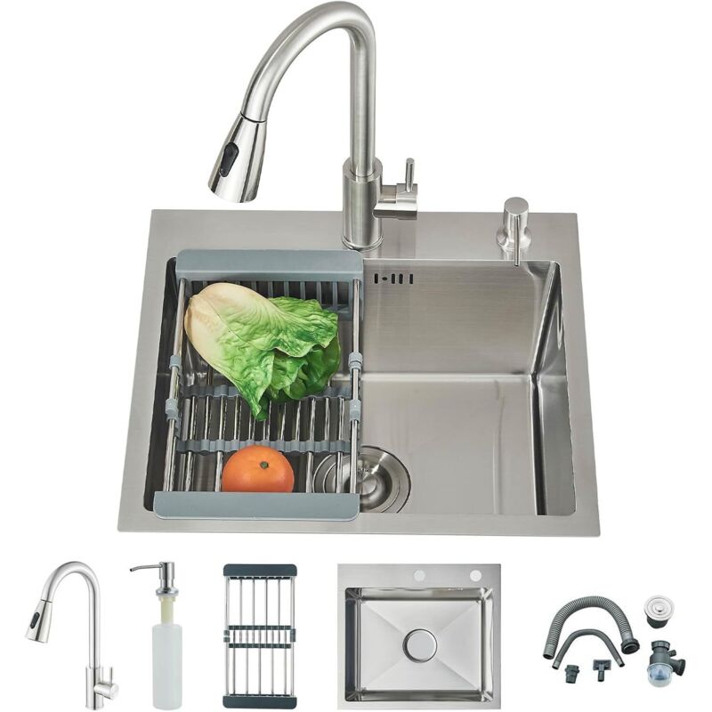 Évier Cuisine 1 Bac 50 × 45 cm en Acier Inoxydable Évier multifonctionnel Simple avec Robinet Extensible