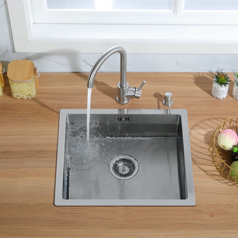 Vier Cuisine 1 Bac 50x43x19CM Évier en Acier Inoxydable avec Siphon et Trop Plein Évier Argent à Encastrer, à Fleur ou Sous-Plan à partir de