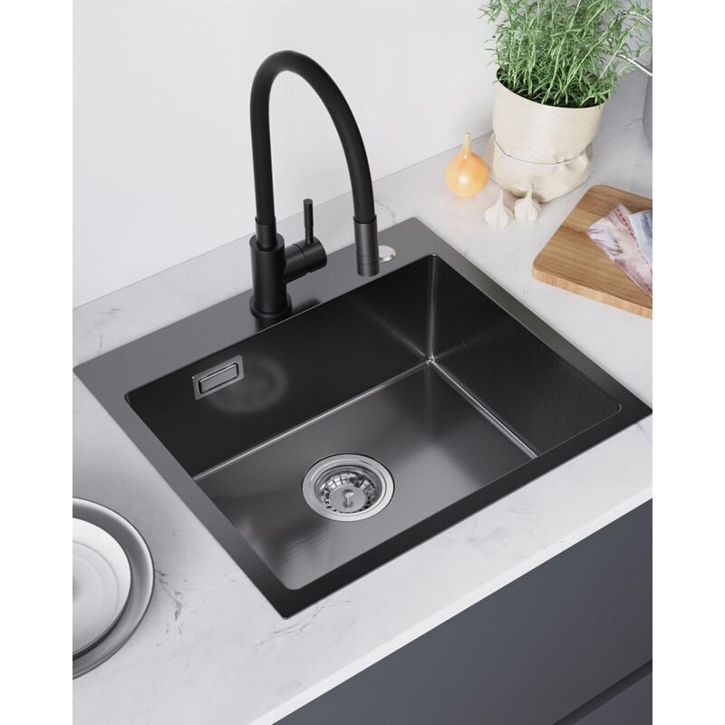 Cecipa - Evier Cuisine 1 Bac 50x45cm, Évier Noir Anthracite en Acier Inoxydable, Lavabo Cuisine pour Meubles Bas de 50 cm, Évier Cuisine avec Dernier
