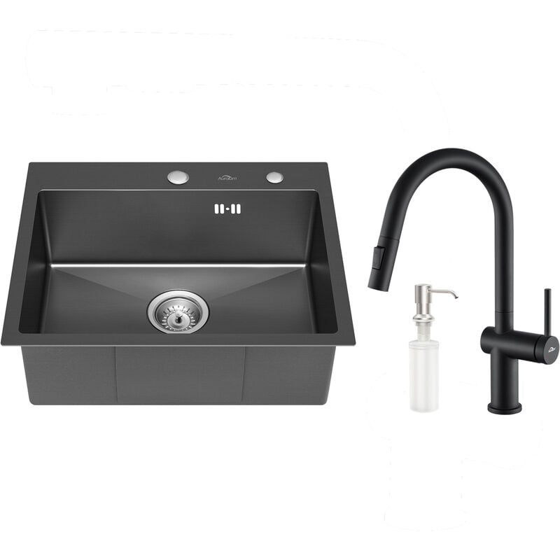 Vier 1 Bac 55x45x18,5CM Évier Cuisine Gris Foncé en Inox avec Mitigeur Cuisine de Douchette Extractible, Distributeur de savon et Système de Drainage