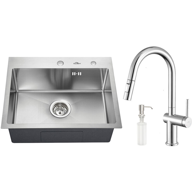 Vier 1 Bac 55x45x18,5CM Évier Cuisine en Inox avec Robinet Cuisine de Douchette Extractible, Distributeur de savon et Système de Drainage - Auralum