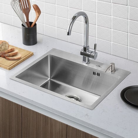 AURALUM Évier Cuisine 1 Bac 55x45CM Évier à encastrer avec Distributeur de Savon, Siphon et Trop-Plein Évier en Inox Brossé pour Table à partir de 60 cm