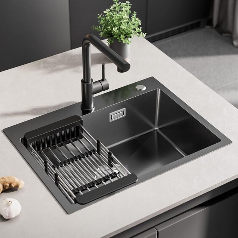 Cecipa - Evier Cuisine 1 Bac 60x45cm, Évier Noir Anthracite en Acier Inoxydable, Lavabo Cuisine pour Meubles Bas de 60 cm, Évier Cuisine avec Dernier