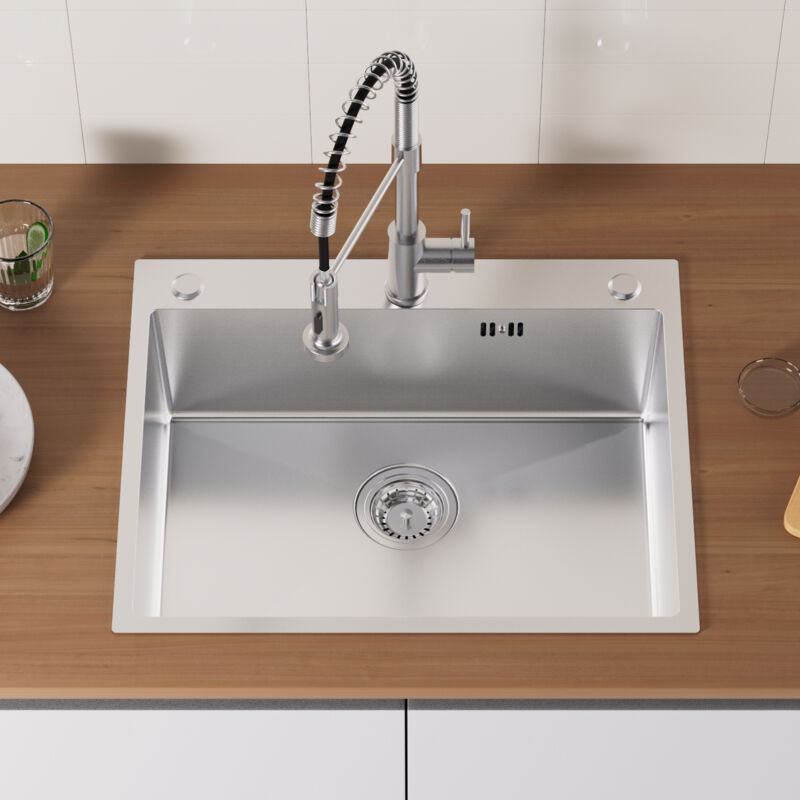 Auralum Max - vier Cuisine 1 Bac 60x49x20CM Évier à Encastrer Argent en Inox avec Système de Drainage, 3 Trous pré-percés