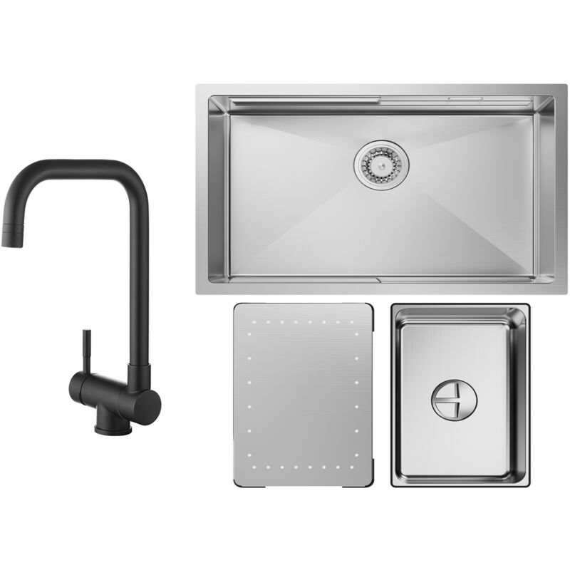 Cecipa - vier Cuisine 1 Bac 70×44×21CM Évier à Encastrer Inox Brossé avec Egouttoir et Vasque + Mitigeur Cuisine Rabattable Noir Robinet Pliable Sous