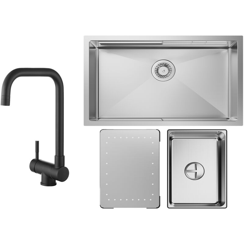 Cecipa - vier Cuisine 1 Bac 70×44×21CM Évier à Encastrer Inox Brossé avec Egouttoir et Vasque + Mitigeur Cuisine Rabattable Noir Robinet Pliable Sous