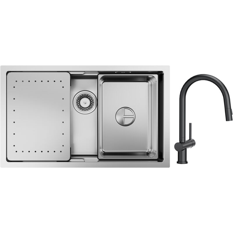 Cecipa - vier Cuisine 1 Bac 70×44×21CM Évier à Encastrer Inox Brossé avec Egouttoir et Vasque + Noir Mitigeur de Cuisine avec Douchette Extractible