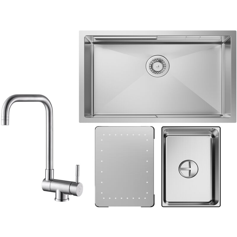 Cecipa - vier Cuisine 1 Bac 70×44×21CM Évier Inox Brossé avec Egouttoir et Vasque + Robinet Cuisine Rabattable Mitigeur Repliable devant Fenêtre