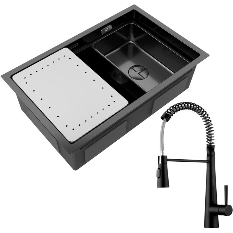 Cecipa Max - vier Cuisine 1 Bac 70×44cm avec Egouttoir et Vasque Évier à Encastrer Inox Noir + Mitigeur Cuisine à Ressort avec 3 Modes de Sortie