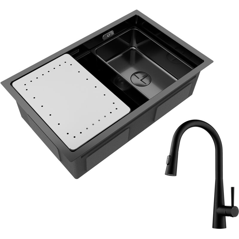 Évier Cuisine 1 Bac 70×44cm avec Egouttoir et Vasque Évier à Encastrer Inox Noir + Mitigeur de Cuisine avec Douchette Extractible, Robinet de Evier