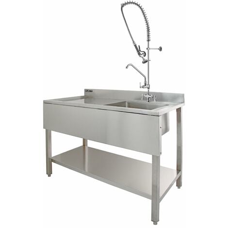Évier Cuisine Commercial en Acier Inoxydable & Robinet de Pré-rinçage - Drainage Egouttoir à gauche-  Parfait pour Restaurants, Cantines, ... [Bouchons & Microfibres GRATUITS]