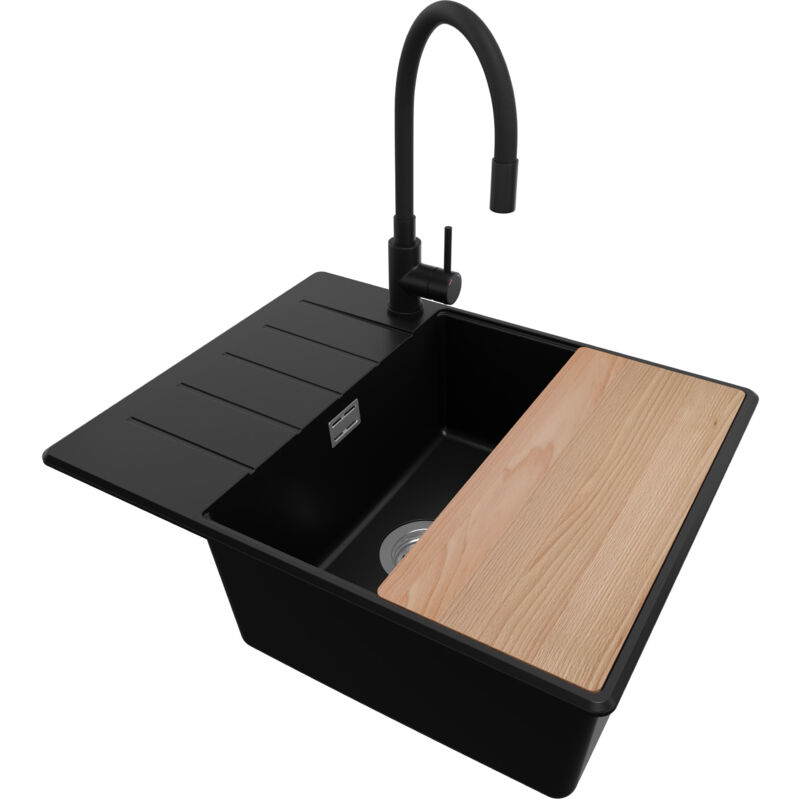 Primagran - Evier Cuisine en Granit Noir 62x50cm, Lavabo 1 bac + Kit de Vidage + Robinet + Planche à Découper, Évier à Encastrer au meuble 50cm - Top