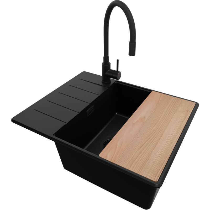 Primagran - Evier Cuisine en Granit Tout Noir 62x50cm, Lavabo 1 bac + Kit de Vidage + Robinet + Planche à Découper, Évier à Encastrer au meuble 50cm