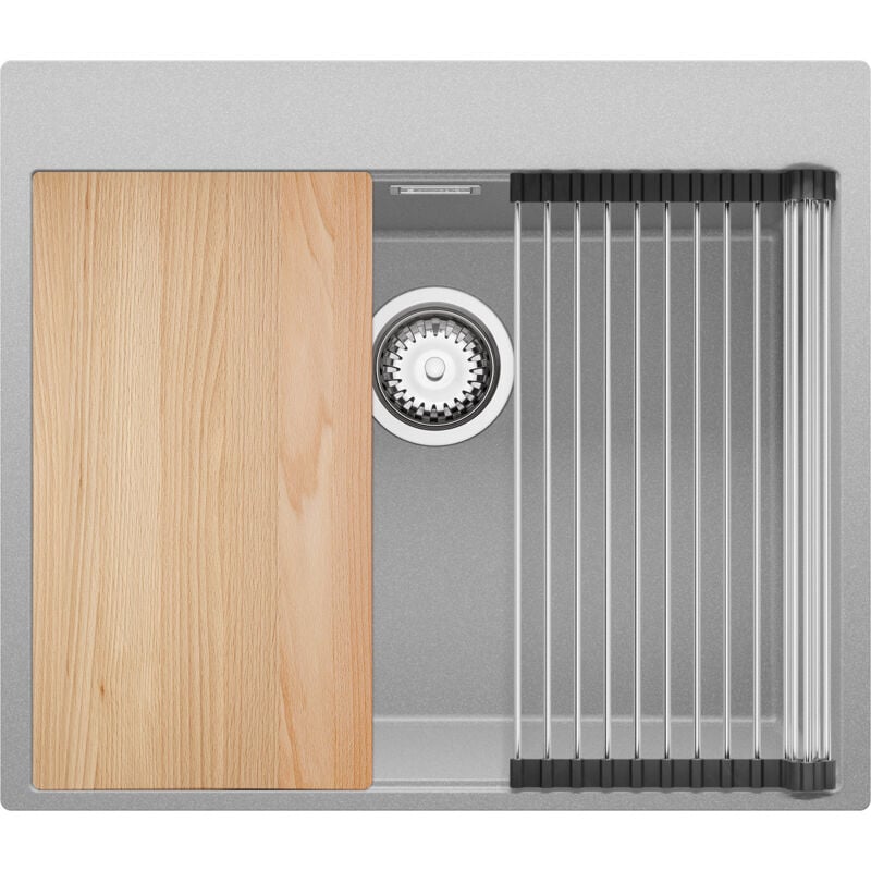 Primagran - Evier Cuisine en Granit 58 x 50 cm Lavabo 1 bac + Kit de Vidage, Évier à Encastrer de Gris