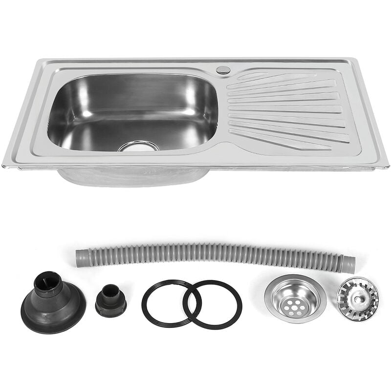 Yongqing - Evier cuisine en inox 1 bac + 1 égouttoir - 90×50×15cm - Vidage automatique inclus - Argent
