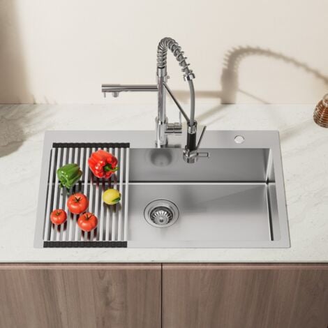 AURALUM MAX Évier Cuisine en Inox 75x45x19CM Évier 1 Bac avec Égouttoir pliable et Système de Drainage, Évier à Encastrer pour Meuble de 80 cm