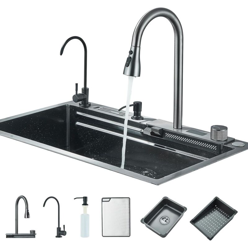 Suguword - vier Cuisine Évier à cascade numérique évier en acier inoxydable avec distributeur de savon robinet extractible Jeu complet d'accessoires